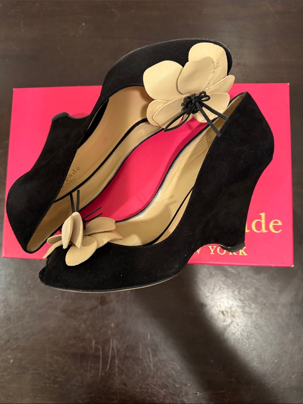 Kate Spade - Caelyn - Black Suede Wedge Peep Toe Pumps with Beige Flower Accent - Picture 2 of 10